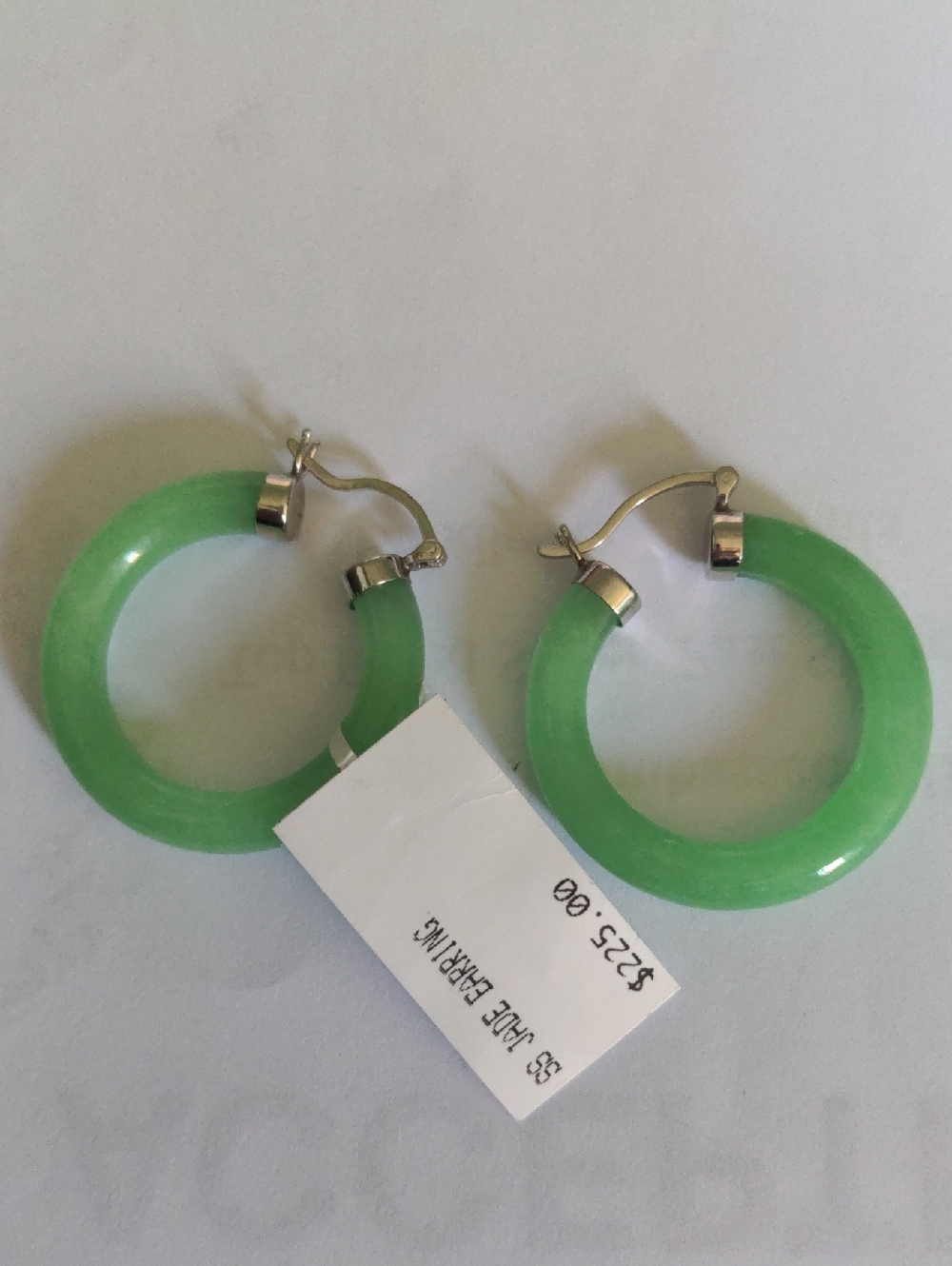 GREEN JADE Hoop Earrings, SOLID STERLING SILVER, 1 1/4" Diameter